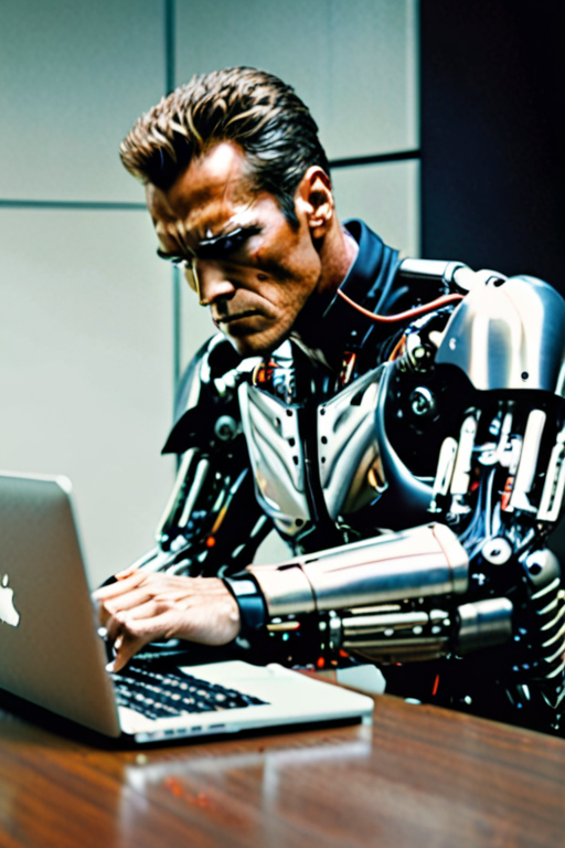 Terminator is sitting at a table writing code on his macbook on the table.