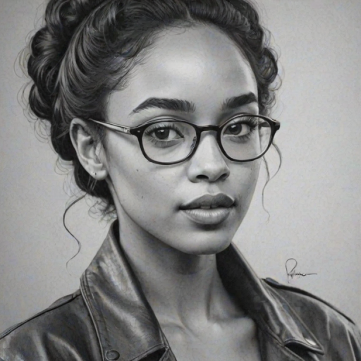 Fetching Laura Harrier, pencil sketch, portrait of Exquisite woman 1956s in glasses, hair style beatnik, outline, clear lines, fine lines, 8k