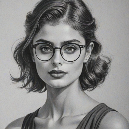 Ravishing Taylor Hill, pencil sketch, portrait of Appealing woman 1926s in glasses, hair style beatnik, outline, clear lines, fine lines, 8k
