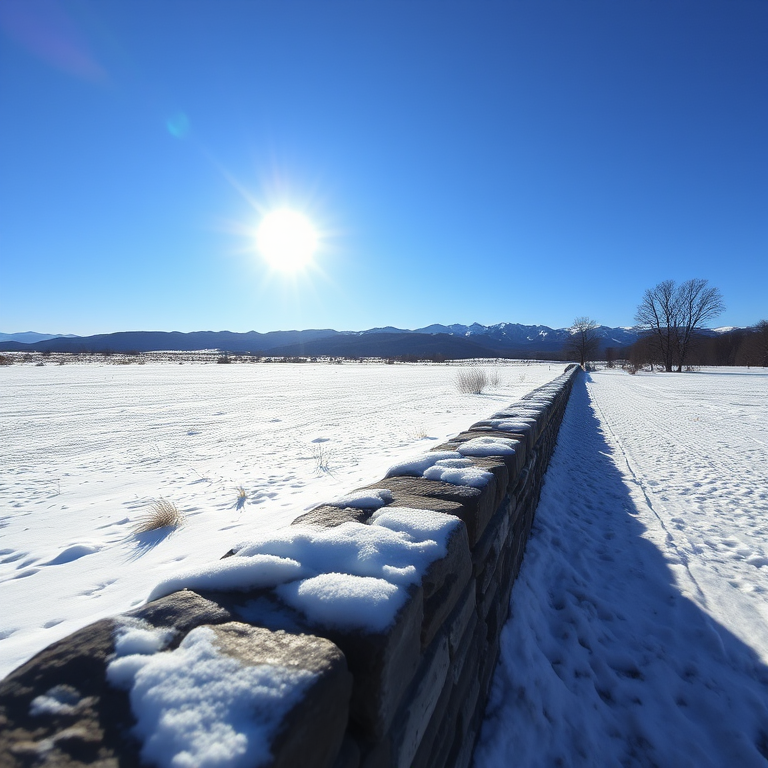 Capture a winter landscape with a bright sun illuminating a snowy field, distant mountains in the background, clear blue sky, focus on foreground stone wall, shot with a DSLR camera, 24mm lens, aperture f/8, ISO 100, shutter speed 1/200 sec, wide angle view for depth.