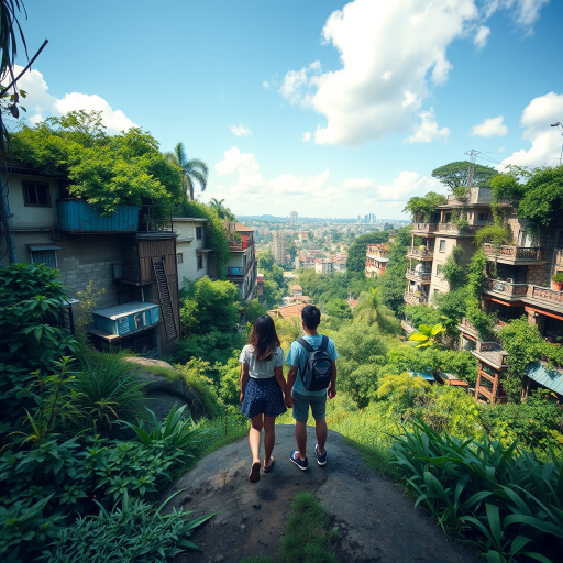 a scenic view of a lush, overgrown urban landscape with two characters standing hand in hand, capturing a sense of adventure and companionship, taken with a DSLR camera at f/4 aperture, ISO 200, 50mm lens, natural lighting, wide-angle view