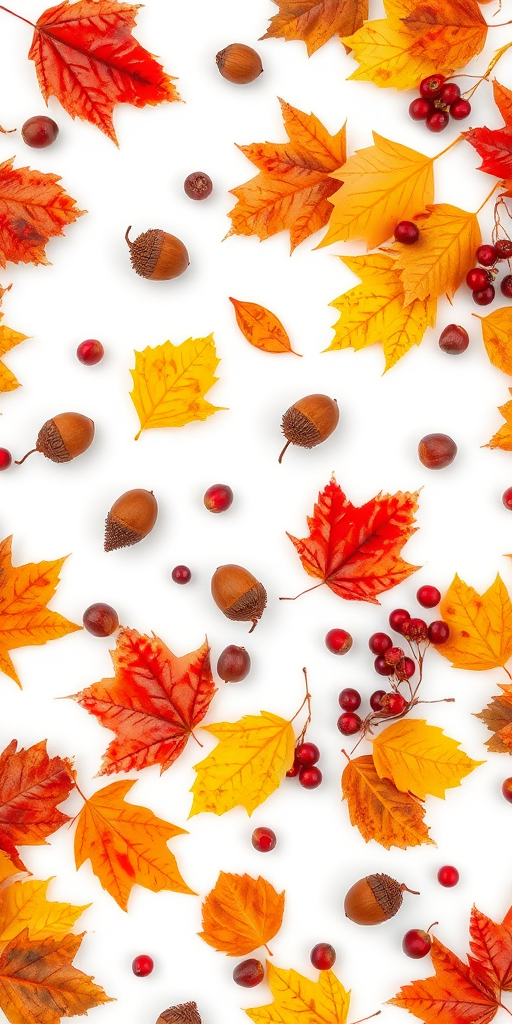 Generate a vivid illustration of autumn leaves, acorns, and berries scattered on a white background, using a Canon EOS R5 with a 50mm f/1.2 lens, aperture set to f/2.8, ISO 100, shot from a top-down view with a high dynamic range style.