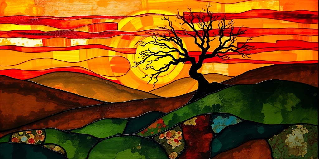 A vibrant abstract painting on Tiffany Glass, blending acrylic and alcohol ink techniques, captures a dramatic sunset over rolling hills. The artwork features a textured, rocky foreground in green and brown, layered abstract hills, and a striking sunset in rich oranges, yellows, and reds. A solitary black tree with intricate branches contrasts against the fiery sky, creating a dynamic and expressive portrayal of a breathtaking natural scene.