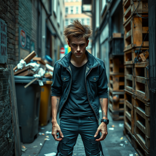generate an ultra-realistic, highly detailed photograph of a punk. he's standing still, looking menacingly at the camera. he's in a narrow, dirty London street. there are wooden crates stacked up. overflowing rubbish bins, rubbish on the ground.