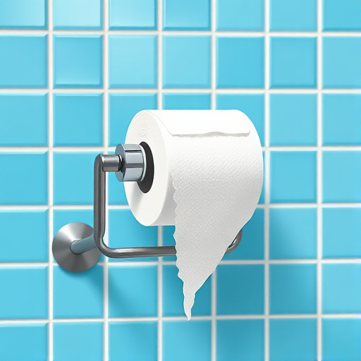 create a clean and minimalist illustration of a toilet paper roll on a metallic holder, with a whimsical touch of a fish dripping from the torn edge of the paper, set against a bright blue tiled background, high-resolution, 50mm lens, f/8 aperture, soft lighting, shot with a digital DSLR camera