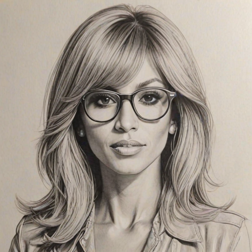 Superb Cathy Guetta, pencil sketch, portrait of Exquisite woman 1973s in glasses, hair style beatnik, outline, clear lines, fine lines, 8k