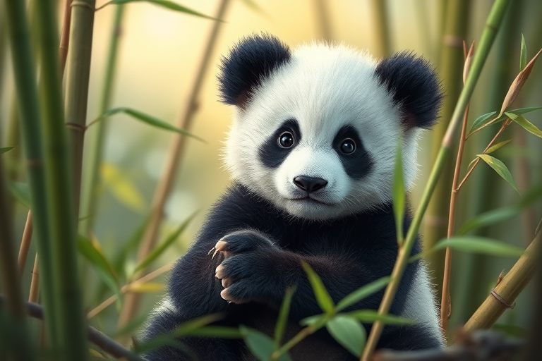 Regenerate a digital illustration of a cute panda cub sitting amidst bamboo, with a soft focus background, using a Canon EOS 5D Mark IV camera, 85mm lens, f/1.8 aperture, ISO 100, and natural lighting to enhance the softness and detail of the fur.