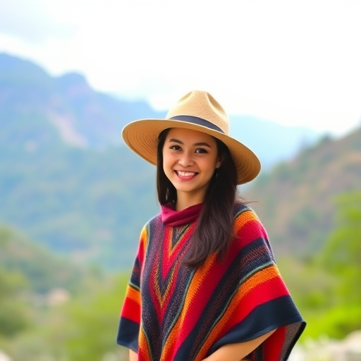 A young woman wearing a colorful poncho and a hat, smiling while posing outdoors with a mountainous background and lush vegetation.