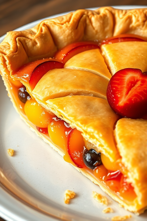 Create an illustration of a slice of pie showcasing a flaky crust and a filling of mixed fruits, with a focus on vibrant colors and detailed texture, using a Canon EOS 5D Mark IV, 50mm lens, f/2.8 aperture, 1/125 sec shutter speed, and natural lighting to enhance the image quality.
