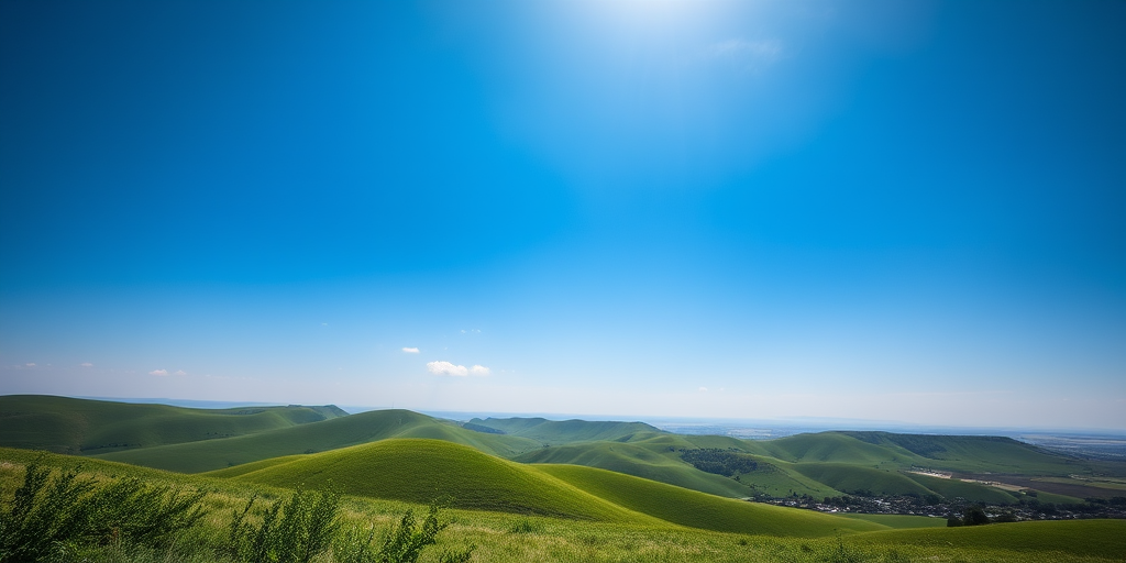 Create a high-resolution image of a serene landscape with rolling green hills under a bright blue sky, using a DSLR camera at f/8 aperture, 1/200s shutter speed, ISO 100, wide-angle lens, taken from a low angle view to enhance foreground details.