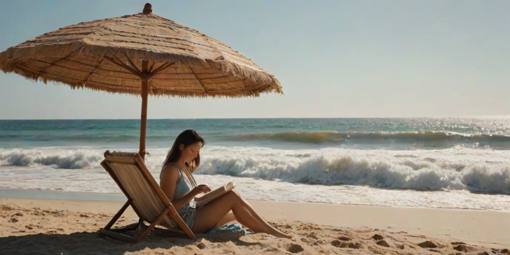 Sunlit beach with soft sand, a woman sits under a large umbrella, reading a book, with waves crashing softly in the background.