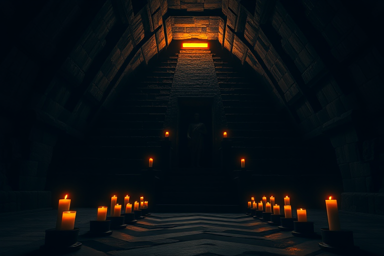 create a high-resolution image of a dark, atmospheric pyramid temple with glowing candles, using a DSLR camera with a 24mm lens, f/2.8 aperture, ISO 200, and a low-angle perspective to enhance depth and detail.