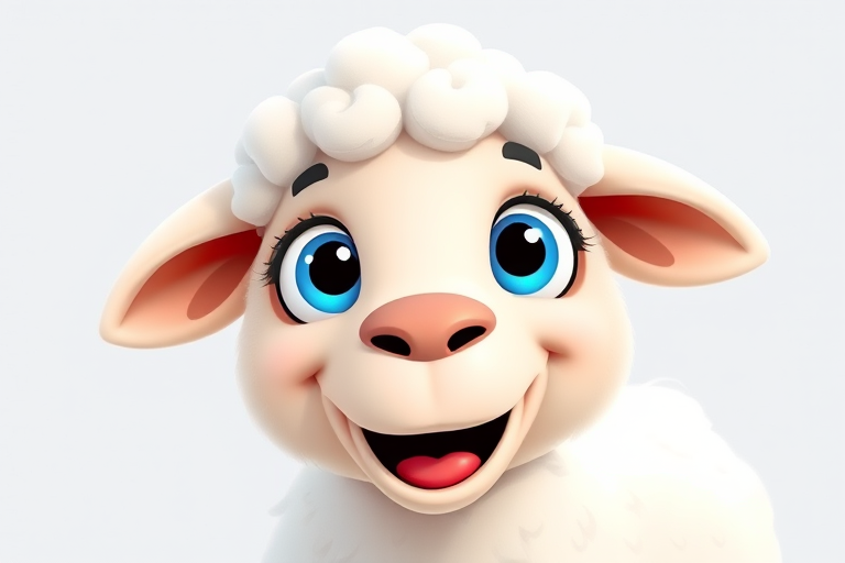 Create a cartoon-style illustration of a cheerful sheep with large blue eyes and a big smile, fluffy white wool, and playful nature, using a high-resolution digital camera at f/4 aperture, 50mm lens, ISO 100, shot from a slightly low angle for a dynamic perspective.