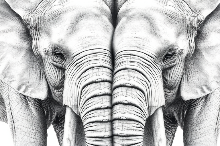 Regenerate a detailed pencil drawing of two elephants close together, focusing on their textures and expressions, captured with a DSLR camera at f/8 aperture, 50mm lens, ISO 200, natural light, close-up view for enhanced detail and clarity.