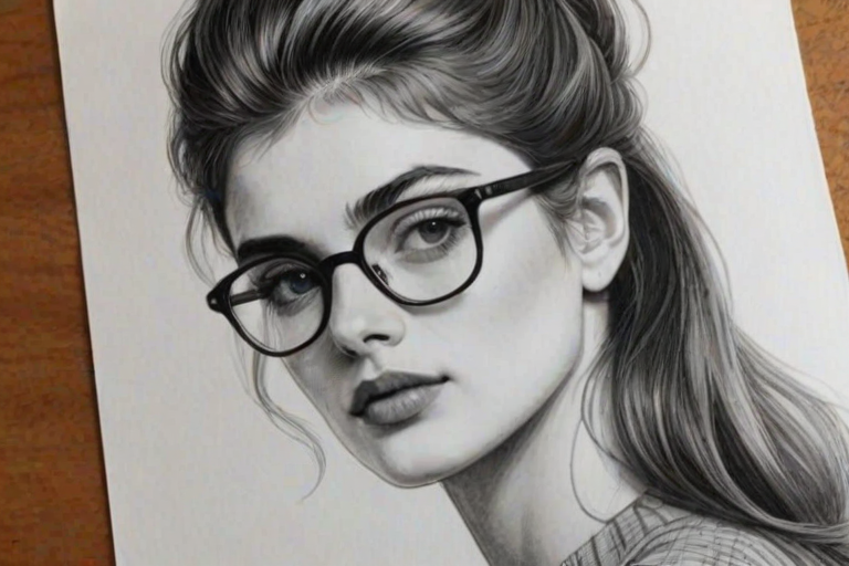 Charming Diana Silvers, pencil sketch, portrait of Fascinating woman 1964s in glasses, hair style beatnik, outline, clear lines, fine lines, 8k