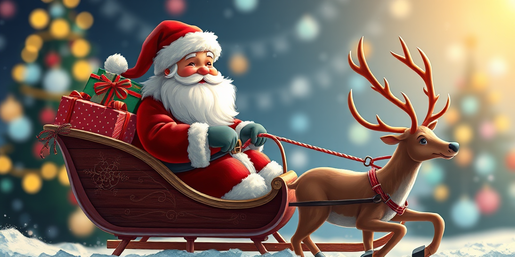 Create a high-resolution digital illustration of Santa Claus riding in a sled pulled by a reindeer, festive presents stacked in the sled, well-lit with a cheerful background, using a DSLR camera with a 50mm lens at f/1.8, ISO 100, shutter speed 1/200s, slight bokeh effect for depth, vibrant colors and clear outlines.