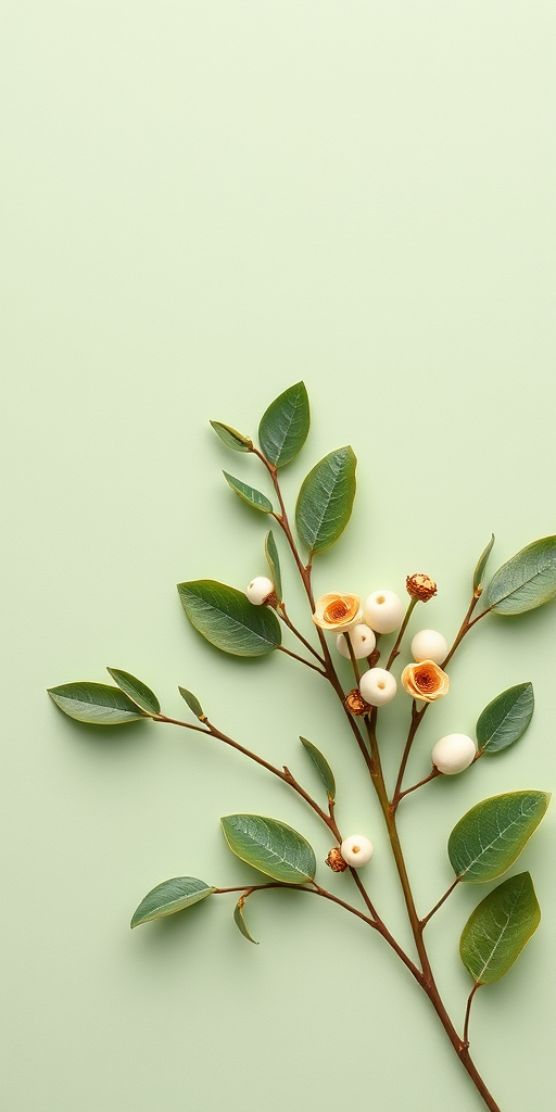 Create a clean and minimalist illustration of delicate leaves and white berries on a soft green background, captured with a DSLR camera at f/2.8, ISO 100, and a 50mm lens, using a flat lay perspective to enhance detail and texture in the image.