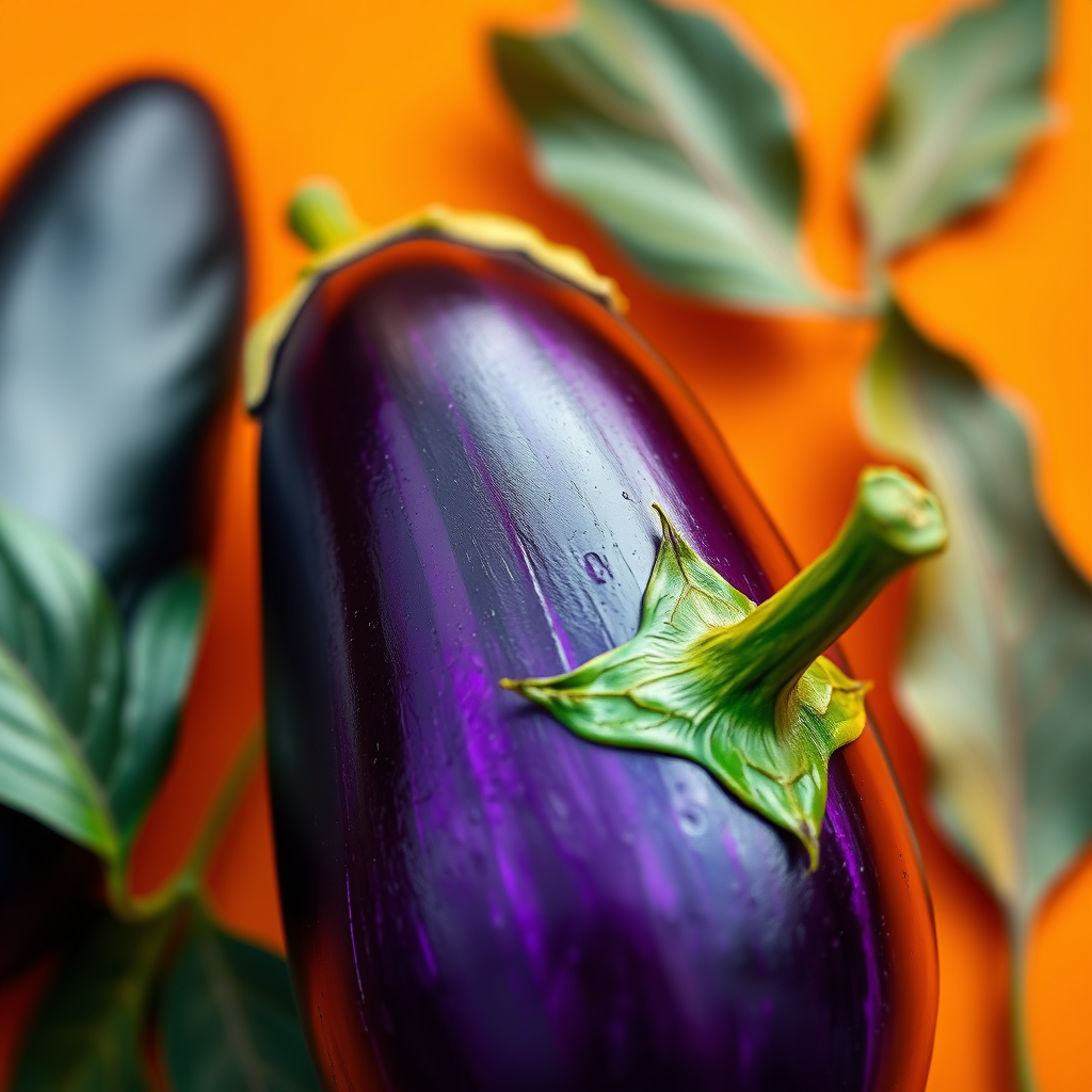 Create a vibrant illustration of a single eggplant on an orange background, use a shallow depth of field with a Canon EOS R5, 50mm lens at f/1.8, natural lighting, and a slight overhead view for enhanced detail and color contrast.