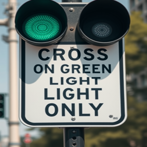 Create an image of a traffic sign that says "CROSS ON GREEN LIGHT ONLY" in clear bold letters, using a DSLR camera with a 50mm lens, aperture set to f/1.8, shutter speed 1/250s, ISO 100, shot from eye level with natural lighting, ensuring high contrast and sharp focus on the sign against a blurred background.