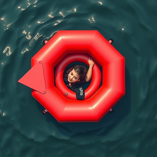 Create a high-resolution icon of a person in a buoy on water with an arrow pointing left, using a DSLR camera at f/8, ISO 100, 24mm lens, natural light, and a top-down view for clarity and vibrancy.