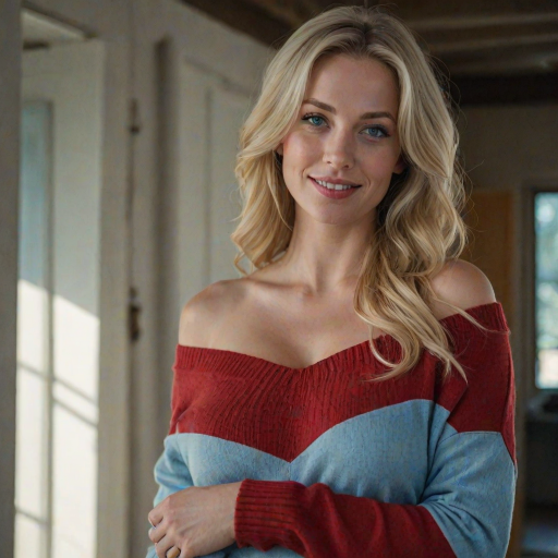 realistic photography, beautiful blonde woman, milf, smirk, large breasts, blue eyes, off shoulder red sweater, light blue denim jeans, cinematic lighting, perfect shading, dynamic angle, amazing composition, detailed, 35mm photograph