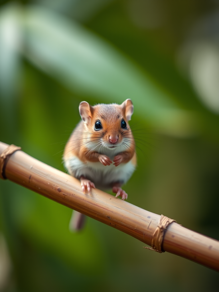 a close-up shot of a small brown mouse sitting on a bamboo stick, soft-focus background with blurred greenery, Canon EOS 5D Mark IV, 50mm f/1.8 lens, aperture f/2.8, shutter speed 1/200 sec, ISO 400, natural lighting, shallow depth of field
