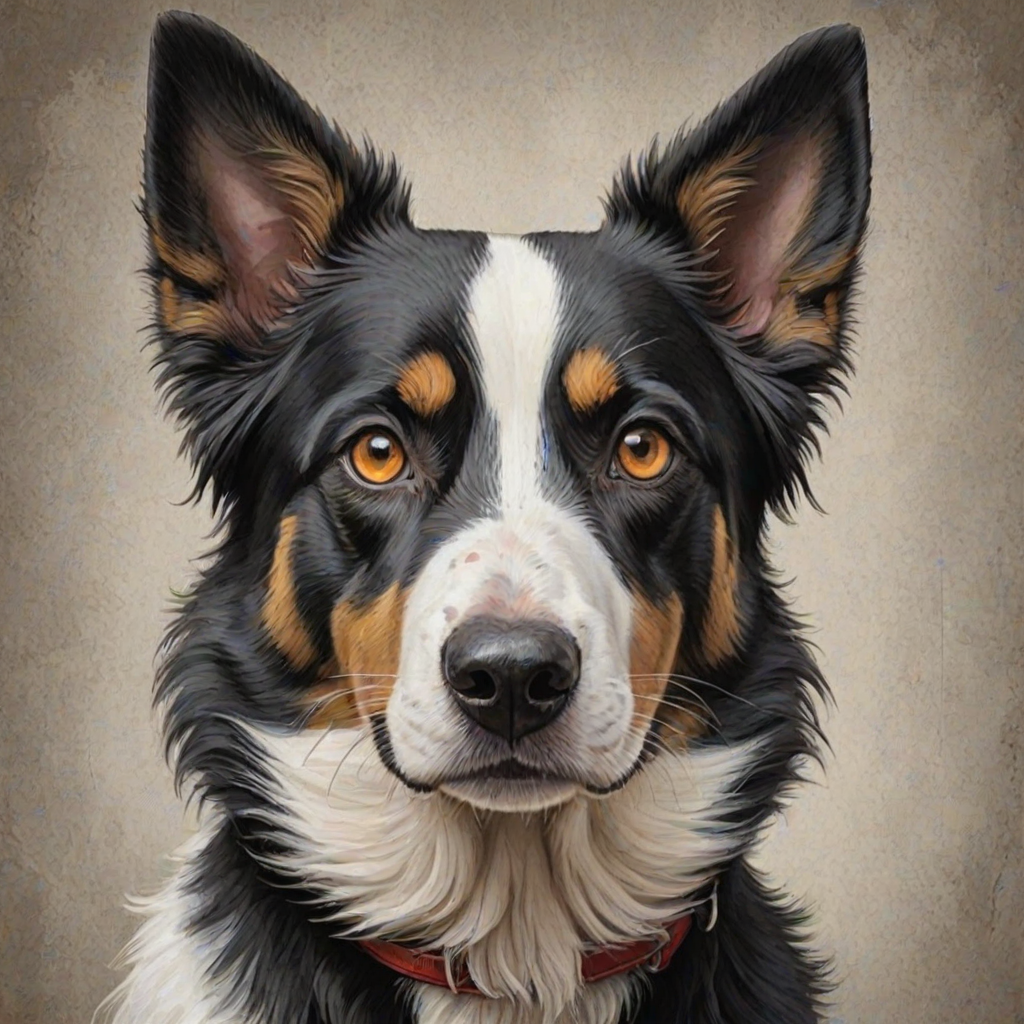Create a detailed illustration of a black and white dog with striking amber eyes. The dog's face should be prominent and expressive, featuring a mix of fur textures. The background should be a soft, neutral color to enhance the dog's features. The overall style should be bold and graphic, emphasizing the dog's unique characteristics.
