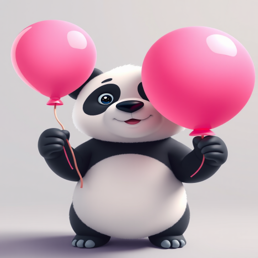 A cute cartoon panda holding a pink balloon, vibrant colors, soft shadows, high resolution, shot with a DSLR camera at f/2.8, ISO 100, 50mm lens, front view, with a shallow depth of field to enhance details.