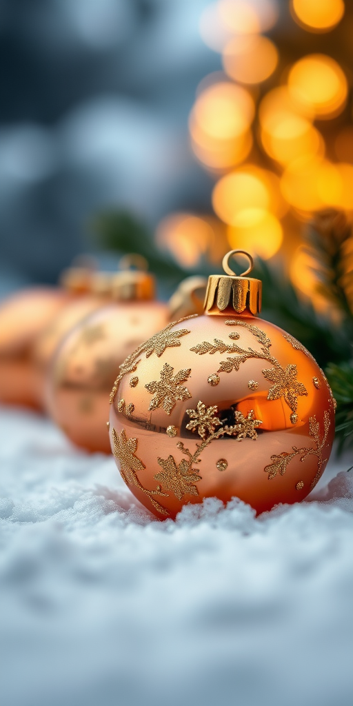 Close-up shot of golden Christmas ornaments on snow with a blurred bokeh background, aperture f/2.8, shutter speed 1/200s, ISO 100, DSLR camera, macro lens, warm lighting.