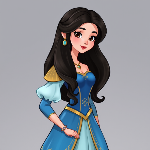 Create an illustration of an animated princess with long dark hair, wearing a detailed flowing blue outfit and gold accessories. She stands confidently, exuding charm and grace.