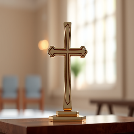 Create a 3D rendering of a glossy, elegant cross standing upright, captured with a Canon EOS R5 camera at f/2.8, ISO 100, and a 50mm lens, using a soft natural light source with a blurred background for depth.