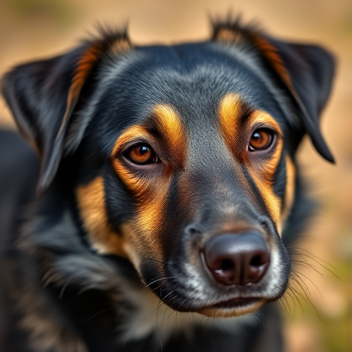 A close-up portrait of a medium-sized black and tan dog with a thick coat, sharp focus on the dog's face, natural light, shallow depth of field, Canon EOS 5D Mark IV, 85mm f/1.8 lens, ISO 200, aperture f/2.8, shutter speed 1/250s.