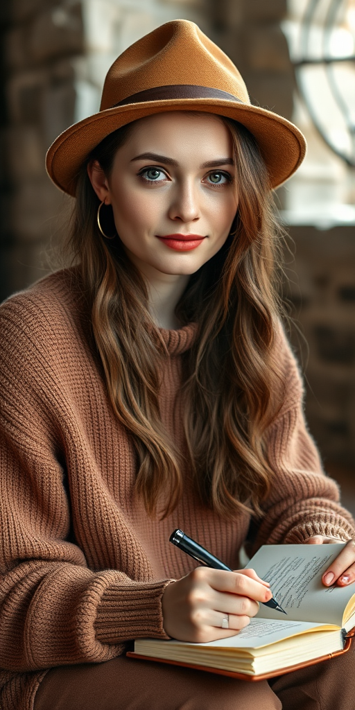 Portrait of a young woman in a brown sweater and a vintage hat, sitting in a stone interior while sketching in a notebook, natural lighting, shallow depth of field, Canon EOS R5, 50mm f/1.8 lens, ISO 100, aperture f/2.8, soft focus background.