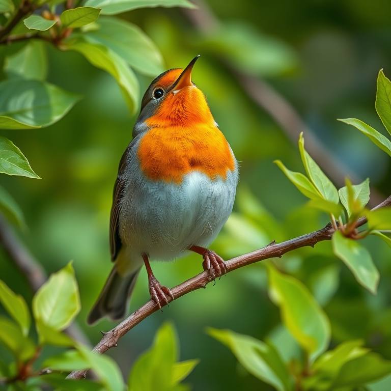 A close-up photograph of a singing robin perched on a branch surrounded by vibrant green leaves, shot with a Canon EOS 5D Mark IV at f/8, ISO 400, 1/200s, in natural light for enhanced detail and color saturation.