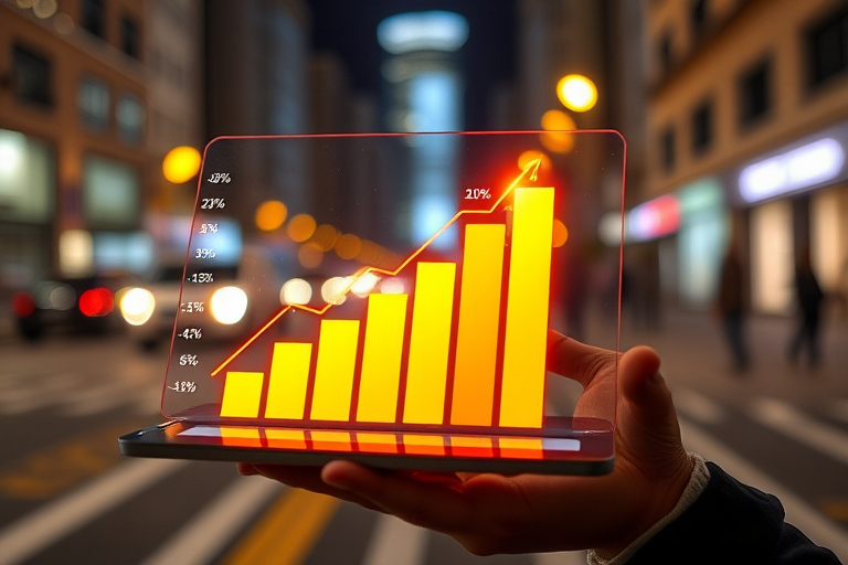Create an image of a person holding a transparent tablet displaying a glowing, dynamic bar graph with ascending data points and percentages, shot with a Canon EOS 5D Mark IV at f/2.8, ISO 100, 50mm lens, in a focused, shallow depth of field, with a nighttime urban background and soft bokeh lighting.