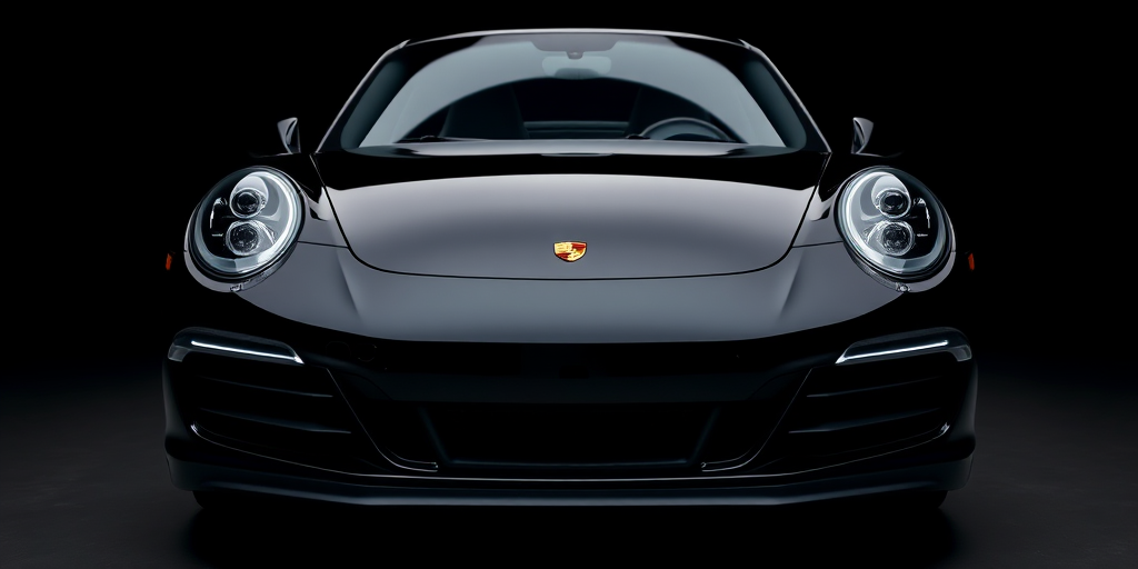 Capture a high-resolution front view of a Porsche 911, using a DSLR camera with a 50mm lens at f/1.8, ISO 100, shutter speed 1/200s, with studio lighting to enhance reflections and detail against a black background.