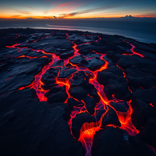 capture an aerial view of a flowing lava landscape at twilight with vibrant orange and red hues contrasted against dark rocks and sea, use a DSLR camera with a 24mm lens, f/8 aperture, ISO 200, and a shutter speed of 1/250s, ensure high dynamic range for enhanced details in highlights and shadows.