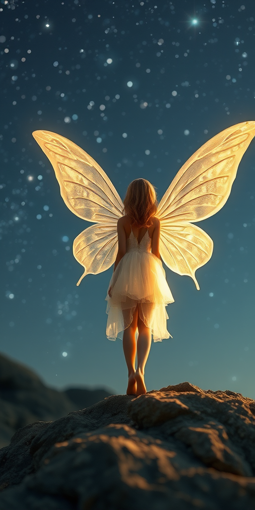 fairy with transparent wings standing on a rocky surface under a starry sky, glowing ethereal light, f/2.8 aperture, 50mm lens, ISO 100, soft focus, DSLR camera, portrait mode