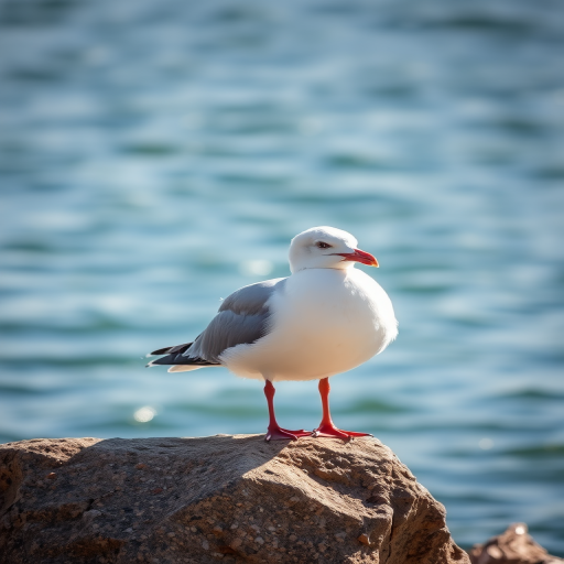 seagull resting on a rock by the water, natural light, shallow depth of field, ISO 100, f/4, 1/500 sec, 35mm lens, DSLR camera, vibrant colors, sharp focus on the bird