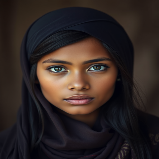 Create a portrait of a young Sri Lankan woman with long, dark hair and captivating hazel eyes. She is wearing a dark headscarf and a matching scarf draped gracefully around her neck. The background is softly blurred, focusing attention on her serene and natural expression. The overall color palette is muted and warm, enhancing the intimate and authentic feel of the portrait.
