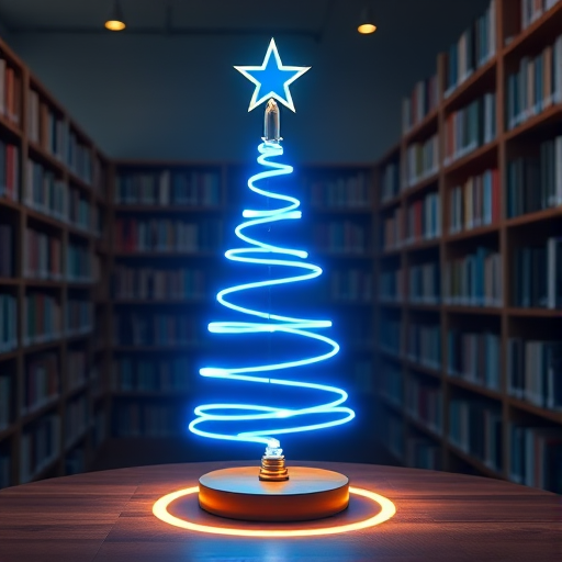 Generate an image of a modern Christmas tree made of glowing blue neon lights in a library setting, with bookshelves in the background and a soft light illuminating the scene. The tree should have a spiral design and be placed on a wooden table, with a circular glow on the surface below it.