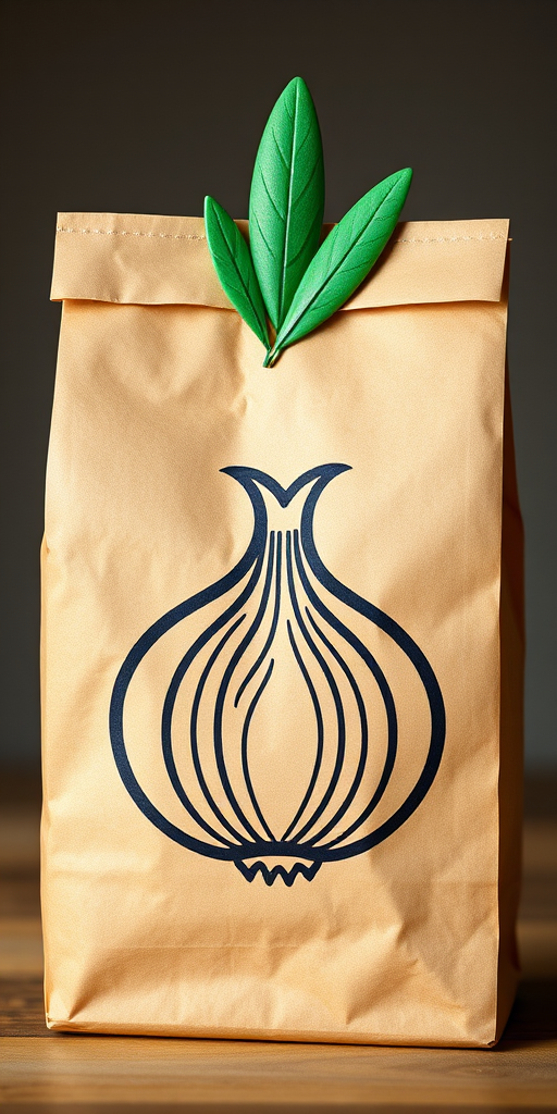 Create a high-resolution illustration of a brown paper bag with a rounded onion graphic and a green leaf accent at the top, using a DSLR camera with a 50mm lens, f/1.8 aperture, 1/160s shutter speed, ISO 100, natural lighting, and a focus on vibrant colors and sharp details.