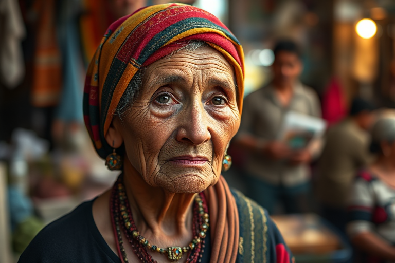 portrait of an elderly woman with intricate facial features, wearing a richly colored headscarf and layered jewelry, in a bustling market setting with warm ambient lighting, using a Canon EOS R5 with a 50mm lens, aperture f/1.8, ISO 100, 1/200s, shallow depth of field, soft focus background, high dynamic range.