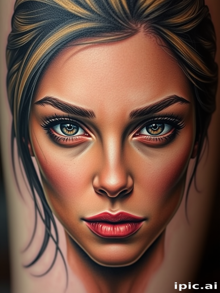 Photorealistic color portrait tattoo named "Timeless Gaze" depicting a lifelike human face with incredible attention to detail in skin texture hair strands and subtle facial features using a soft color palette and advanced shading techniques to create a three-dimensional effect that appears to emerge from the skin with hyper-realistic eyes that seem to follow the viewer