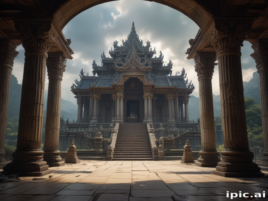 Majestic Ancient Temple Surrounded by Lush Mountains and Dramatic Skies