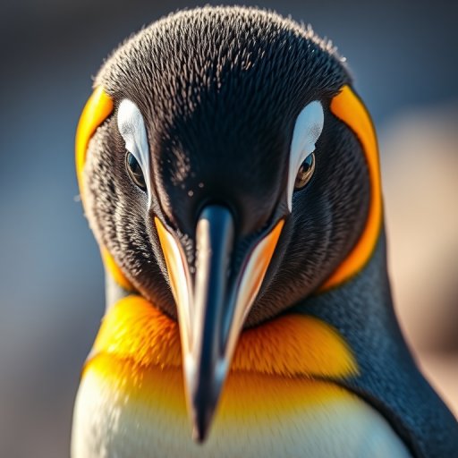 Create a highly detailed, colorful portrait of a penguin with vibrant feathers, captured in soft natural light, using a Canon EOS R5 with a 85mm f/1.2 lens, aperture set to f/2.8 for a shallow depth of field, ISO 200 for minimal noise, shot at a 45-degree angle to emphasize textures and colors.