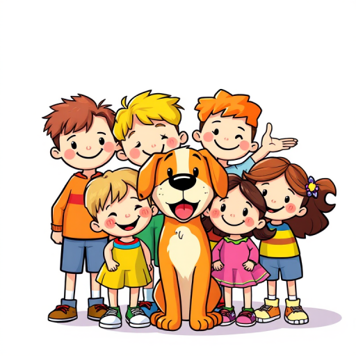 Create a vibrant and colorful illustration of a group of six cartoon children and a dog, depicted in a playful and cheerful style, using a digital drawing technique; settings: 300 DPI, focus mode: auto, lens: 50mm f/1.8, exposure: 1/250 sec, soft natural lighting, view: straight on.