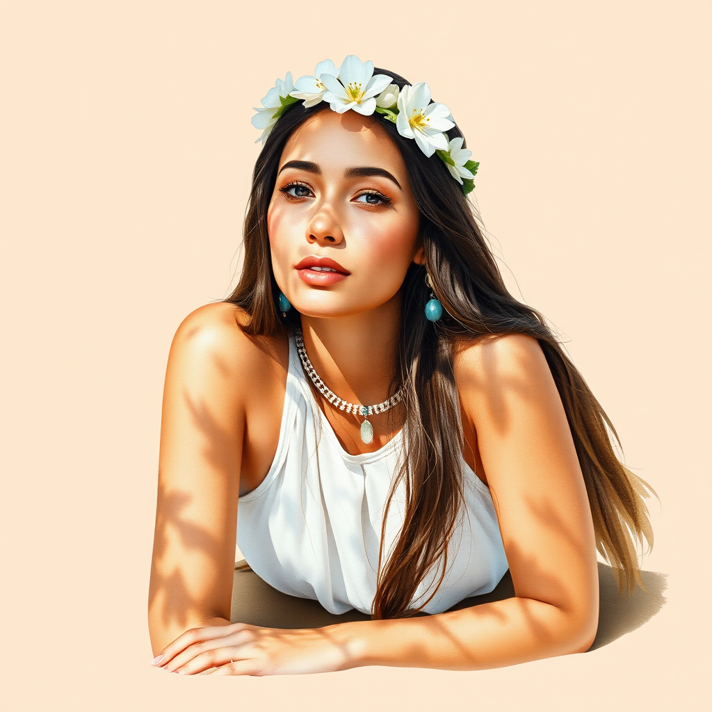 create a watercolor painting of an ethereal portrait of beautiful Guarani woman with a simple white flower crown on her head. Her hair is long and she is lying on the ground. The sunlight on the trees casts shadows from the leaves on her face and body. The background is a neutral brown color that matches her skin tone. The image is minimalist and solid colors. This style is characterized by soft, delicate brushstrokes and a light, airy, contrasting color palette. High level of detail and play of light