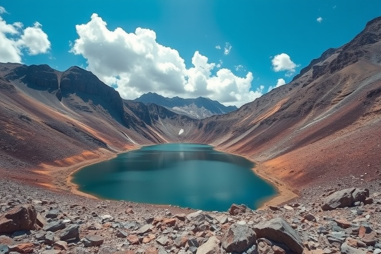 Capture a wide-angle view of a mountainous landscape with a serene lake surrounded by rocky terrain and fluffy clouds in a bright blue sky, using a DSLR camera with a 24mm lens, aperture f/8, ISO 100, and a shutter speed of 1/100 sec for enhanced depth and clarity.