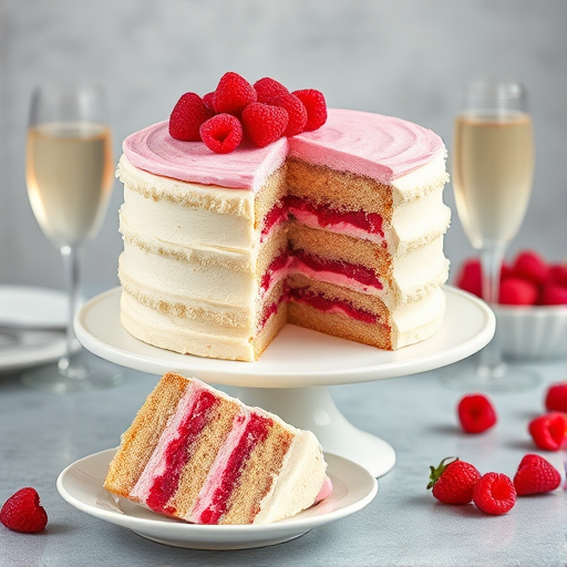 Create an image of a multi-layered white cake with raspberry filling and frosting on top decorated with fresh raspberries the cake should be displayed on a white cake stand with a slice of the cake on a plate beside it a glass of sparkling drink should be in the background alongside a small bowl of raspberries